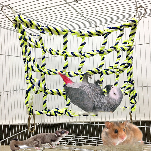 Yellow and blue woven rope climbing net for small pets, featuring a grid pattern and four metal hooks.