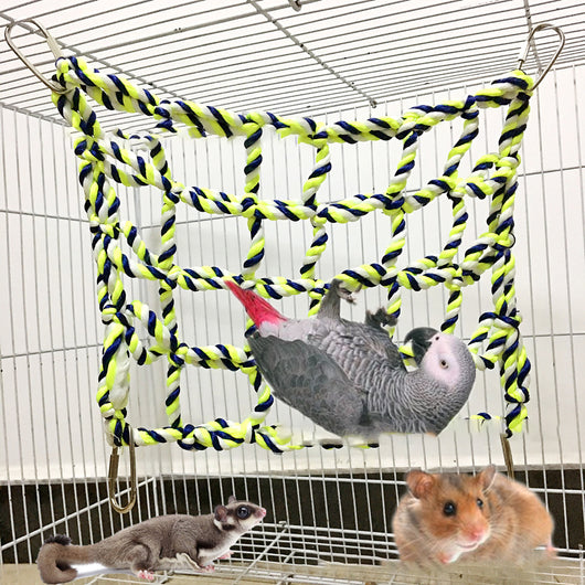 Yellow and blue woven rope climbing net for small pets, featuring a grid pattern and four metal hooks.