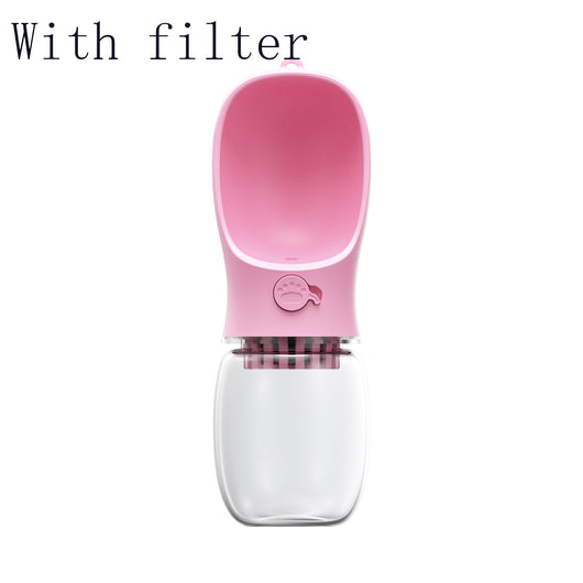 White portable pet water bottle with a clear reservoir and built-in drinking bowl, shown in a bag. - Image 13