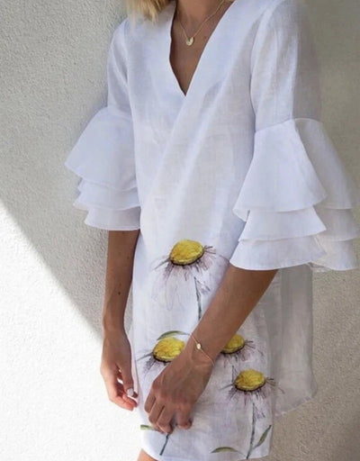 Vestido Casual Estampado con Diseño de Hoja de Loto Blanco - Image 3