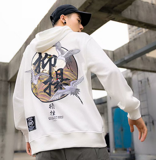 Sudadera Hoodie Estilo Chino con Grúas Bordadas - Diseño Suelto y Cómodo para Parejas