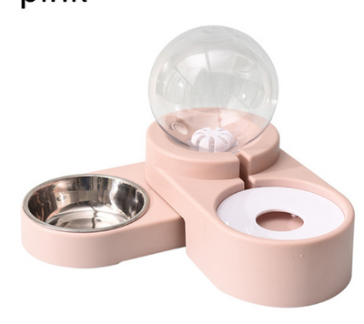White pet feeding station with a stainless steel food bowl and a clear automatic water dispenser bottle. - Image 11