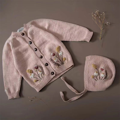 Conjunto de Cardigan Bordado a Mano para Niños con Gorro y Pantalón - Image 11