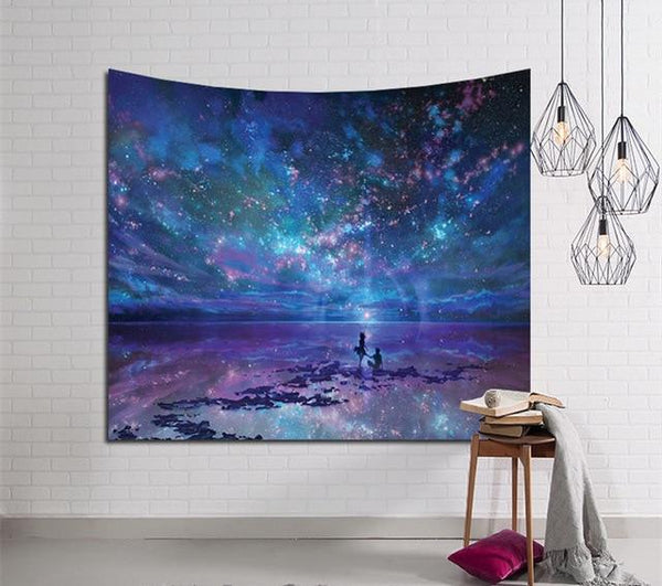 Starry night galaxy tapestry with purple and blue hues, featuring two silhouetted figures on a reflective shore.