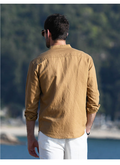 Camisa Casual de Lino y Algodón con Cuello Mao para Hombre - Image 2