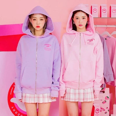 Sudadera con Cierre Strawberry Milk para Mujer - Estilo Casual Invierno Rosa y Lavanda - Image 2
