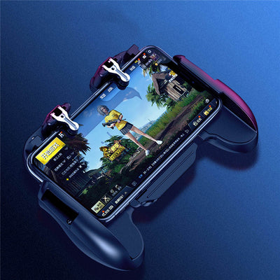 Black mobile gaming controller with a smartphone, featuring shoulder triggers and a glowing blue cooling fan. - Image 32