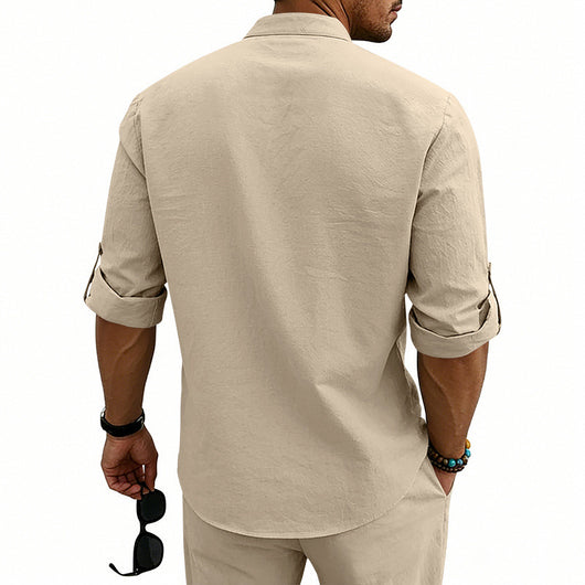 Camisa de Lino Estilo Americano con Cuello Mao y Mangas Medianas para Hombre - Image 42