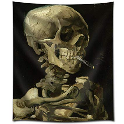 Tapestry featuring Van Gogh's 'Skull with Burning Cigarette' painting, depicting a skeleton smoking against a dark background.