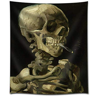 Tapestry featuring Van Gogh's 'Skull with Burning Cigarette' painting, depicting a skeleton smoking against a dark background.