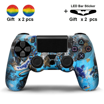 Black and white paisley PS4 controller protector with two black thumb grip covers and two Batman LED bar stickers.