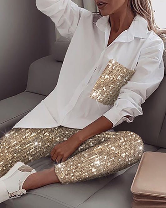 Conjunto de Dos Piezas con Lentejuelas y Tela Elástica para Mujer