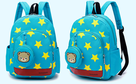 Blue kids' backpack with white stars, front pocket, side pockets, and a detachable bear coin purse. - Image 5