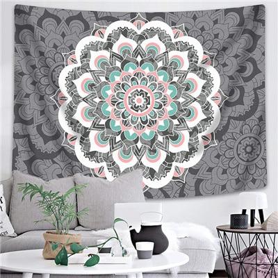 Black and white Indian Mandala tapestry wall hanging with intricate bohemian patterns, displayed in a bedroom. - Image 23
