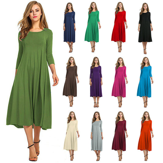 Vestido Oscilante Cuello Redondo Manga Corta Color Sólido