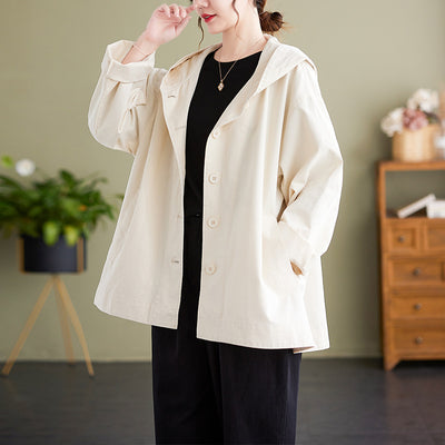 Abrigo Suelto con Capucha Mujer Retro Khaki Algodón Casual Costura Artística - Image 6