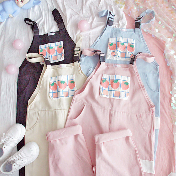 Jumpsuit Femenino Japonés Talle Alto con Estampa de Fresa