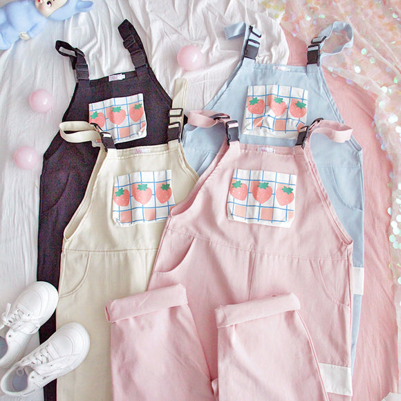 Jumpsuit Femenino Japonés Talle Alto con Estampa de Fresa