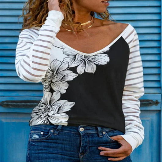 Playera de Cuello V Manga Larga Estampada Versátil - Image 13