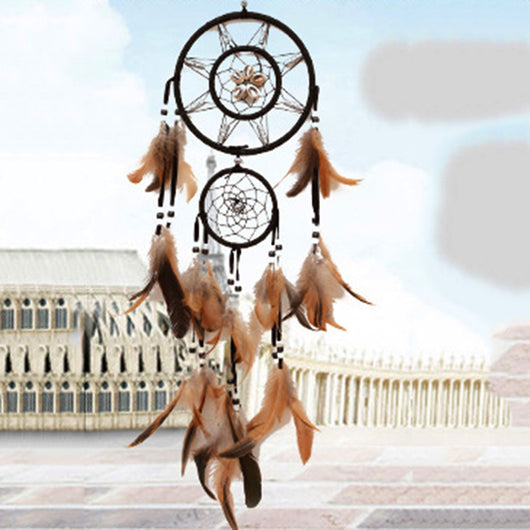 Bohemian dreamcatcher wind chime with black hoops, brown and tan feathers, and black and white beads. - Image 2