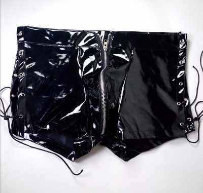 Pantalones cortos de cuero charol para hombre con cierre lateral azul - Image 3
