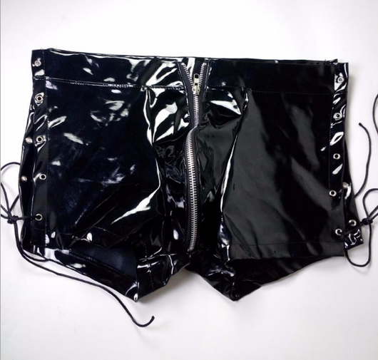 Pantalones cortos de cuero charol para hombre con cierre lateral azul - Image 3