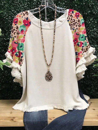 Blusa Suelta Cuello Redondo con Volantes de Encaje y Bloques de Color para Mujer - Image 4