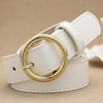Khaki imitation leather belt with a shiny gold-colored round buckle and visible stitching details. - Image 12
