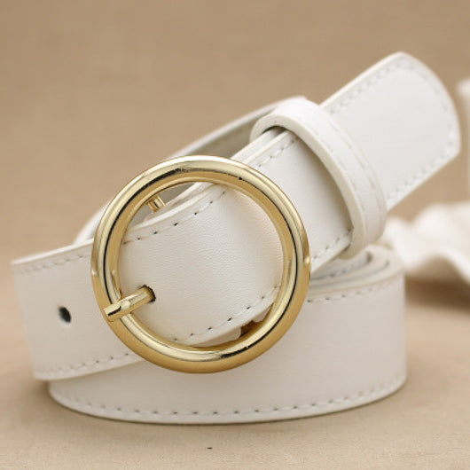 Khaki imitation leather belt with a shiny gold-colored round buckle and visible stitching details. - Image 12