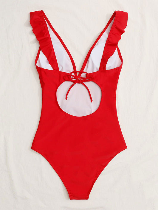White one-piece swimsuit with a deep V-neck and ruffled shoulder straps, featuring a solid pure color design. - Image 13