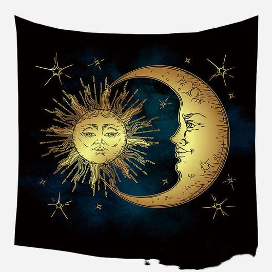 Golden crescent moon and woman silhouette tapestry with a floral crown against a dark blue starry background. - Image 32