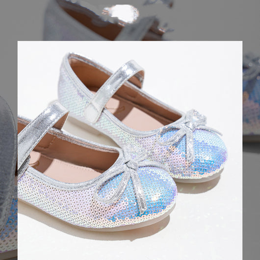 Silver sequined princess shoes for big kids with a soft sole, featuring a decorative bow and a Mary Jane strap. - Image 4