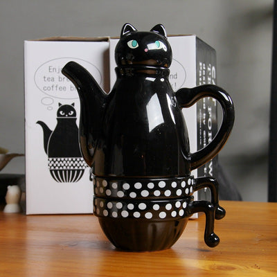 Juego de Té y Café con Tazas Apilables de Cerámica - Diseño Gato Blanco y Negro - Image 4