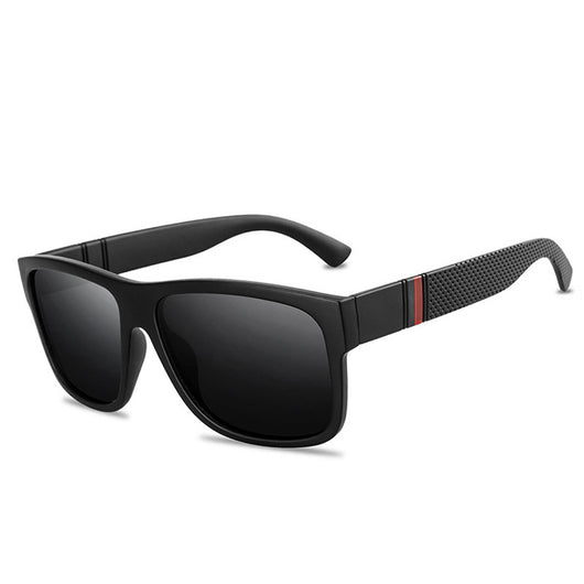 Men's grey plastic frame driving sunglasses with dark polarized lenses and red and black stripe detail on temples. - Image 8