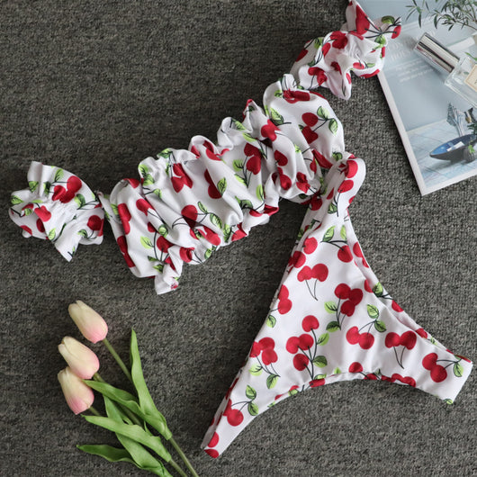 Bikini Plisado con Estampado de Cerezas y Mangas - Image 3