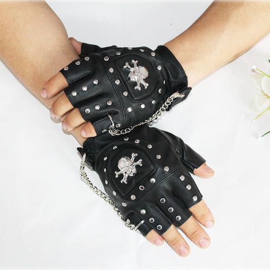Guantes de Cuero PU Punk Hip-Hop con Remaches Dedos Cortados