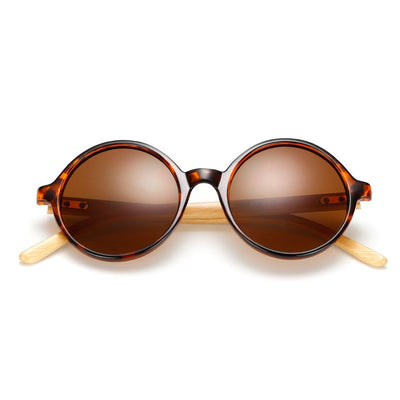 Round black frame sunglasses with gray lenses and light wood bamboo temples, shown from multiple angles. - Image 6