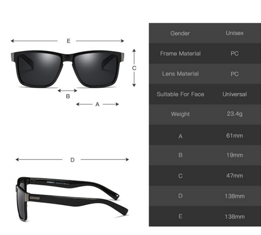 Black DUBERY polarized sunglasses with rectangular frames and dark lenses, shown from front and top-down angles. - Image 2