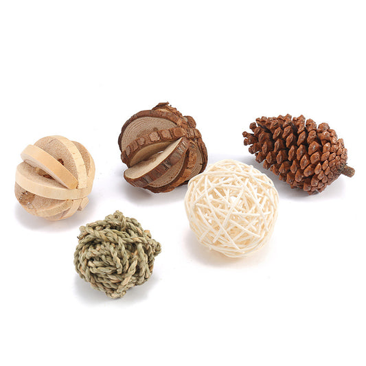 Set of natural wooden hamster toys including dumbbell shapes, a spherical bell toy, and two cylindrical bell toys, with a hamster. - Image 2