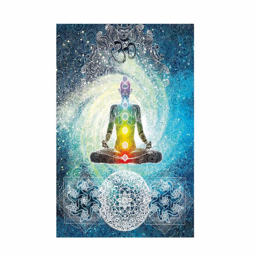 7 Chakra Buddha wall tapestry with a meditating figure, rainbow chakras, Om symbol, and cosmic blue mandala background. - Image 5