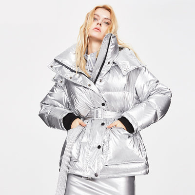 Abrigo Parka Mujer Plumas de Pato Blanco Cintura Ajustable Brillo Plateado - Image 5