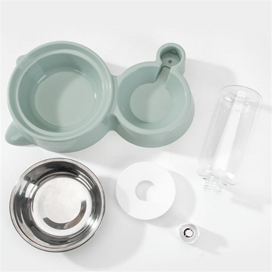 White pet feeding station with a stainless steel food bowl and a clear automatic water dispenser bottle. - Image 4