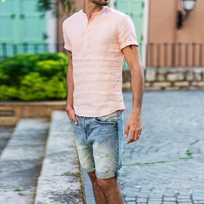 Camisa de Lino y Algodón con Cuello de Pie de Manga Corta - Image 4