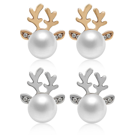 Aretes Navideños de Perla con Astas de Reno