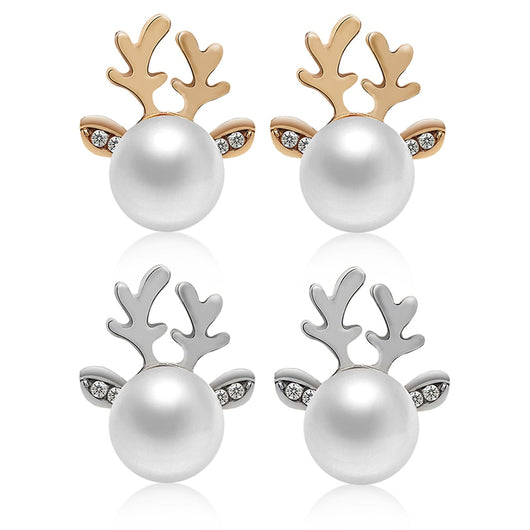 Aretes Navideños de Perla con Astas de Reno