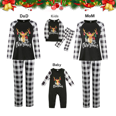 Family matching Christmas pajamas with black and white buffalo plaid sleeves and pants, featuring a reindeer graphic. - Image 19
