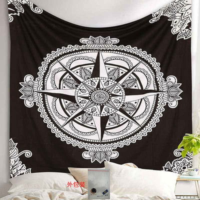 Black and white Yin Yang Mandala tapestry featuring 'The Moon' tarot card design with wolves, stars, and zodiac symbols. - Image 3