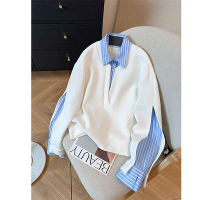 Sudadera Tipo Camisa con Cuello Patchwork y Rayas Superpuestas - Image 6