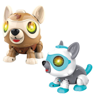 Brown and white electronic robot dog toy with green eyes, red tongue, and a small brown bone accessory. - Image 5