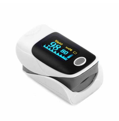 White and black fingertip pulse oximeter with a digital display showing 98% SpO2 and 80 bpm pulse rate. - Image 11